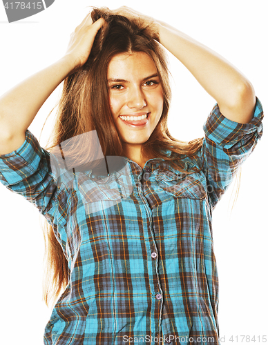 Image of young pretty woman posing on white background isolated emotional