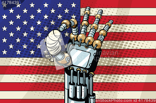 Image of Robot OK gesture, the US flag. Broken bandaged finger