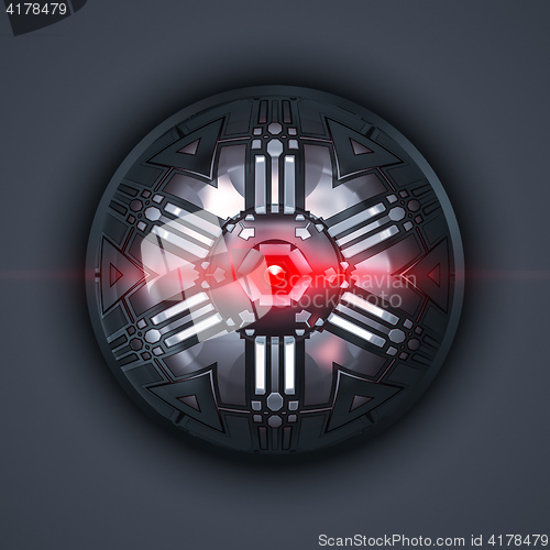 Image of a robot eye with red light beam
