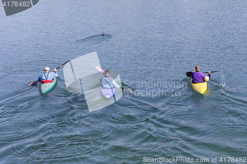 Image of Three rowers with canoe recreate in a lake