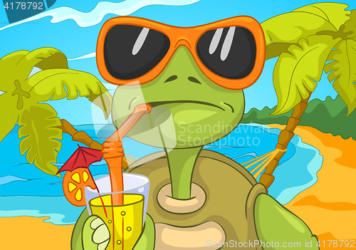 Image of Cartoon of turtle drinking cocktail on the beach.