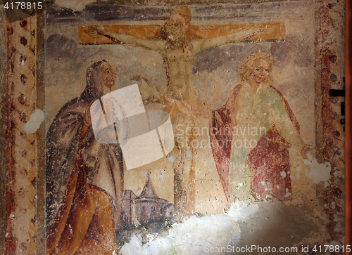 Image of Jesus on the cross, fresco paintings in the old church