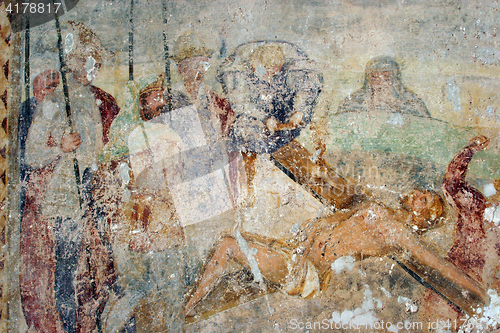 Image of Jesus is nailed to the cross, fresco paintings in the old church