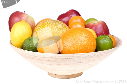 Image of Fresh fruits on wooden bowl isolated