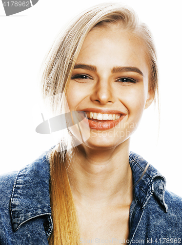 Image of young blond woman on white backgroung gesture thumbs up, isolate