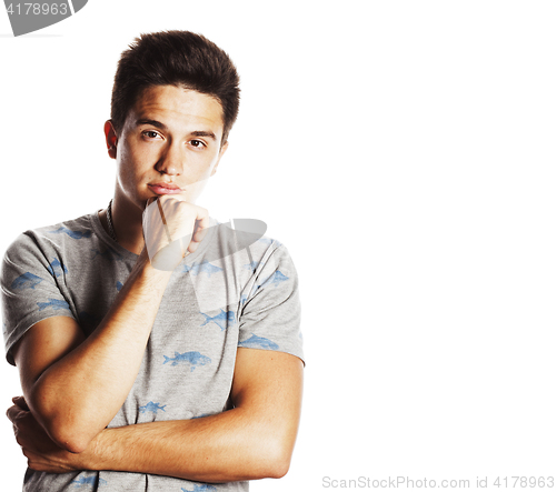 Image of young attractive man isolated thinking emotional on white close 