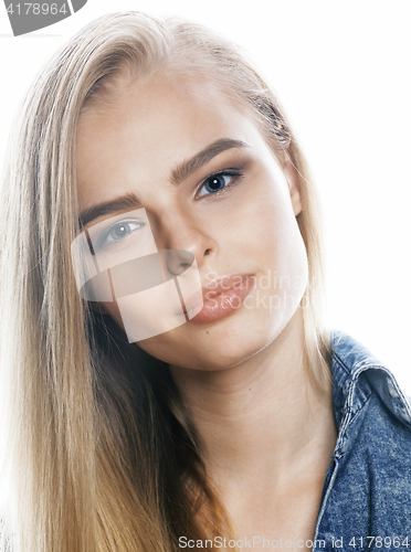 Image of young blond woman on white backgroung gesture thumbs up, isolate