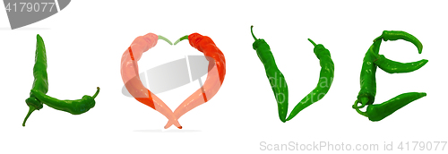 Image of Word Love with heart sign composed of green and red chili pepper