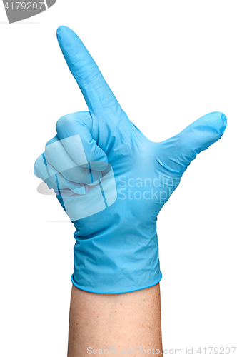 Image of Hand in blue latex glove showing two fingers vertically