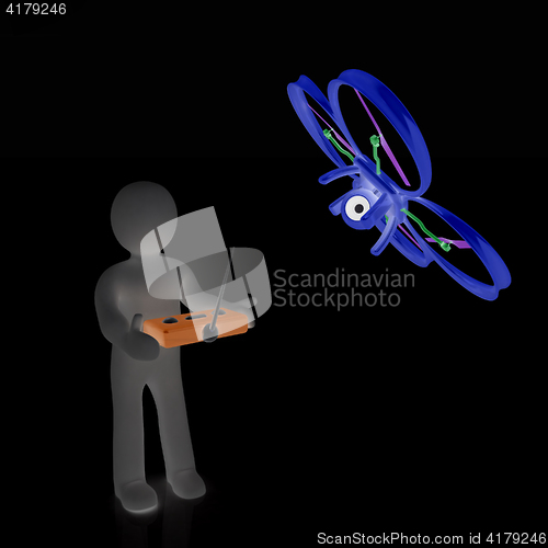 Image of 3d man with drone, quadrocopter, with photo camera. 3d render. 3