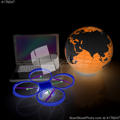 Image of Drone or quadrocopter with camera with laptop. Network, online, 