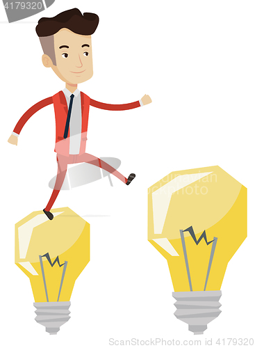Image of Businessman jumping on light bulbs.