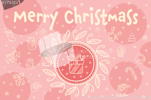Image of Merry christmas greeting card with gift box.