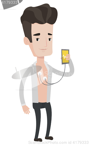 Image of Man measuring heart rate pulse with smartphone.