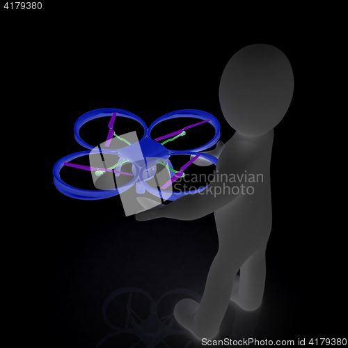 Image of 3d man with drone, quadrocopter, with photo camera. 3d render. 3