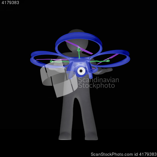 Image of 3d man with drone, quadrocopter, with photo camera. 3d render. 3