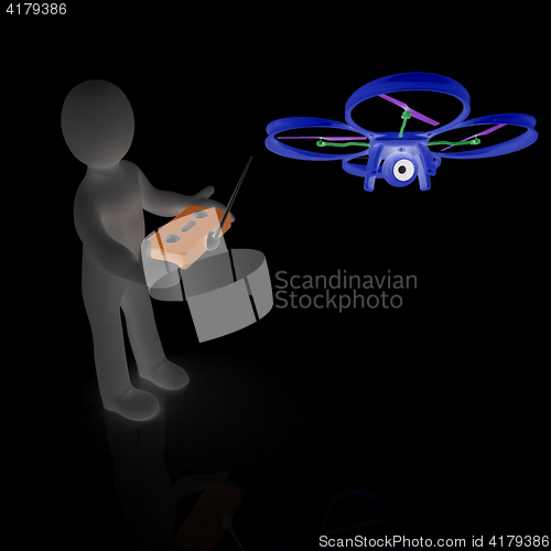 Image of 3d man with drone, quadrocopter, with photo camera. 3d render. 3