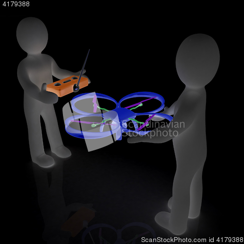 Image of 3d man with drone, quadrocopter, with photo camera. 3d render. 3