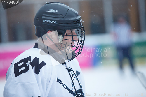 Image of Moscow, Russia - January, 15, 2017: Amateur hockey league LHL-77. Game between hockey team \"New Jersey 53\" and hockey team \"Black and white\".