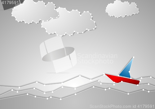 Image of Bright sailboat on grey seascape. Tech schematic style