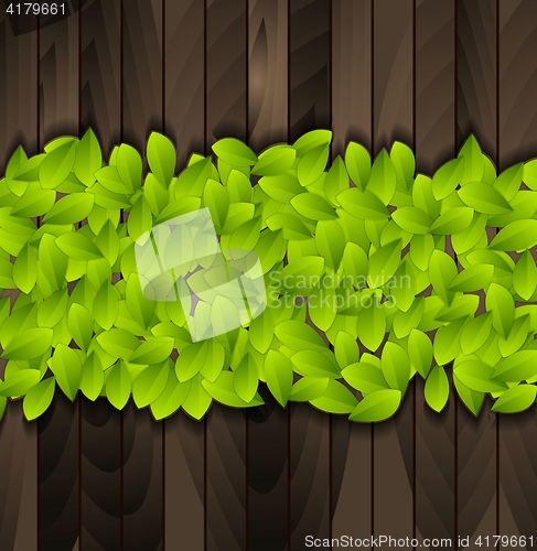 Image of Green summer leaves on wooden background