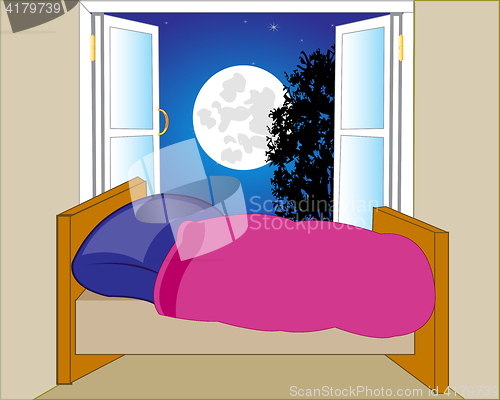 Image of Bed in room and open window