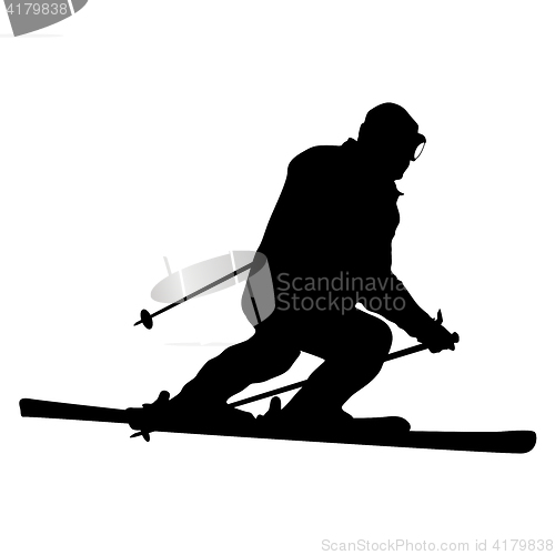 Image of Mountain skier speeding down slope. sport silhouette