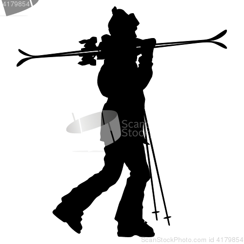 Image of Mountain skier speeding down slope. sport silhouette