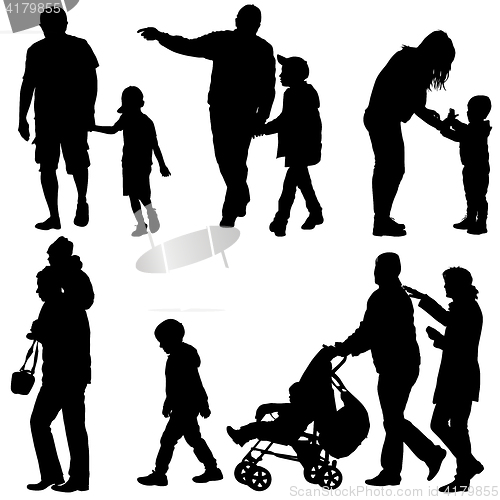 Image of Set black silhouettes Family with pram on white background. illustration