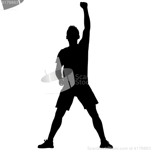 Image of Silhouette of a man with his hand raised. illustration