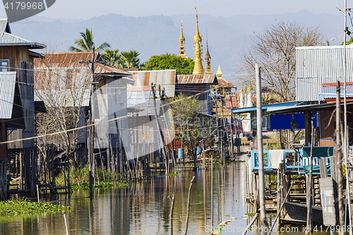 Image of Traditional wooden stilt houses at the Inle lake