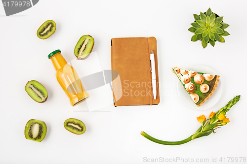 Image of Top view of white office female workspace with notebook