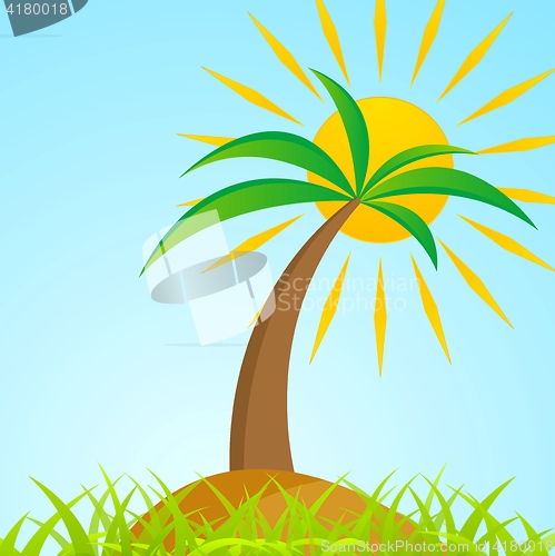 Image of Tropical palm tree on island with shiny sun