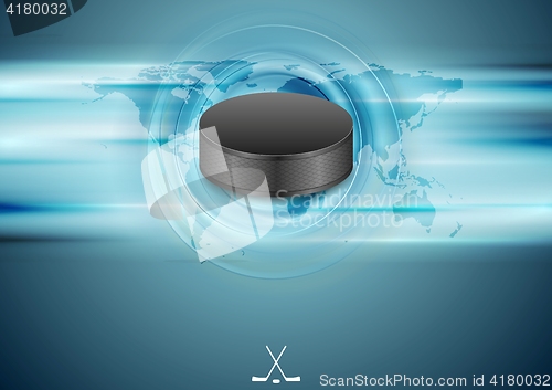 Image of Blue abstract hockey background with black puck