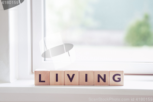 Image of Living sign in a bright window