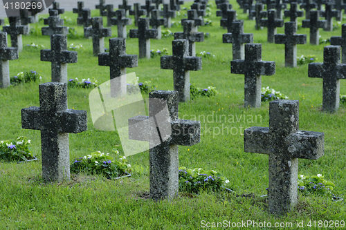 Image of rows of stone crosses in a military cemetery
