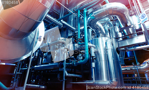 Image of Industrial zone, Steel pipelines in blue tones