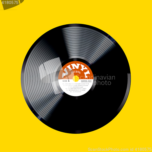 Image of Vinyl record vector illustration. Photorealistic disc design on a yellow background