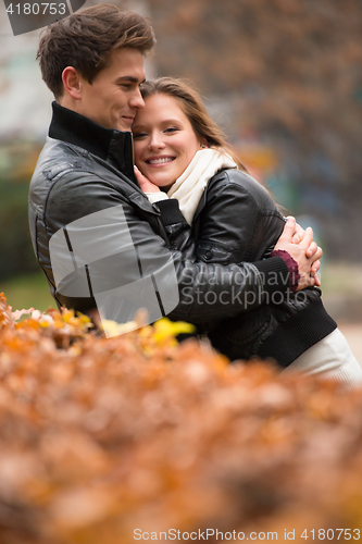 Image of Autumn portrait of attractive happy couple