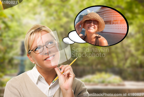 Image of Thoughtful Young Woman with Herself Near Cruise Ship in Thought 