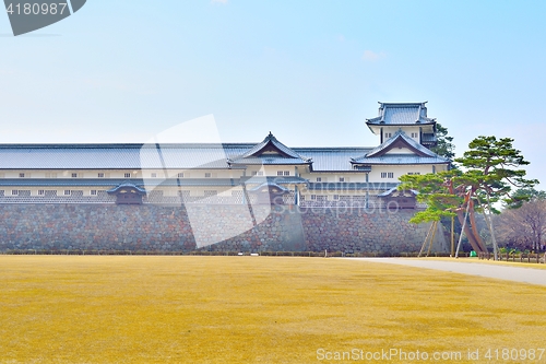 Image of Kanazawa castle walls, tower and pine tree in Ishikawa