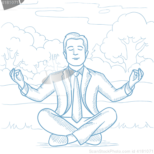 Image of Businessman meditating in lotus pose on the beach.