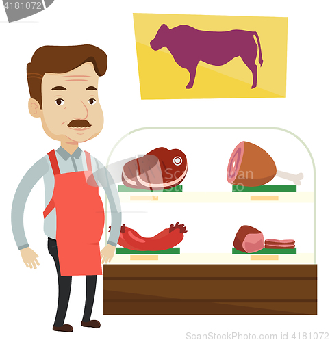 Image of Butcher offering fresh meat in butchershop.