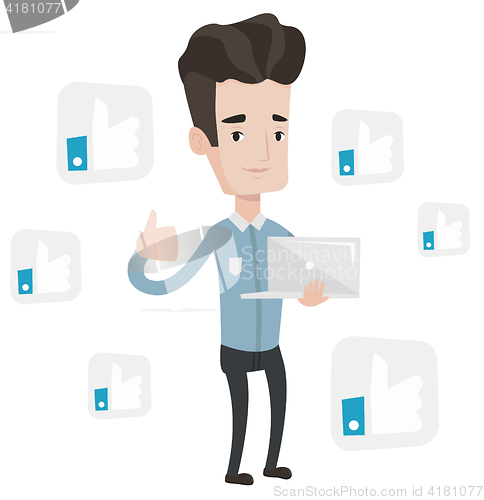 Image of Man with thumb up and like social network buttons.