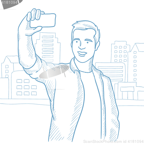 Image of Man making selfie vector sketch illustration.