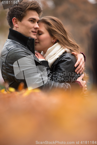 Image of Autumn portrait of attractive happy couple