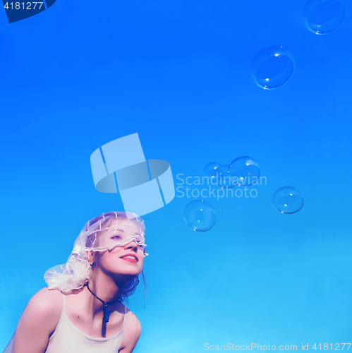 Image of Square Skiey Background With Bride And Soap Bubbles