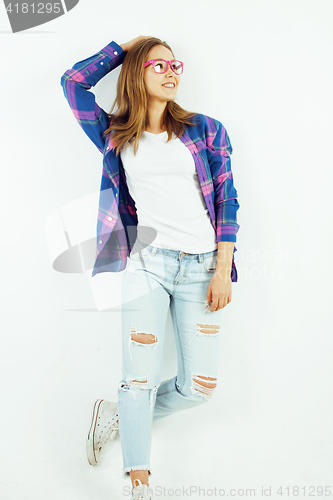 Image of young pretty teenage hipster girl posing emotional happy smiling on white background, lifestyle people concept