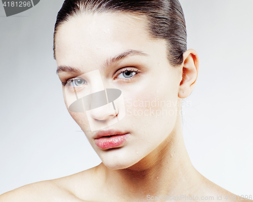 Image of young sweet brunette woman close up isolated on white background, perfect pure innocense freshness face, spa healthcare people concept