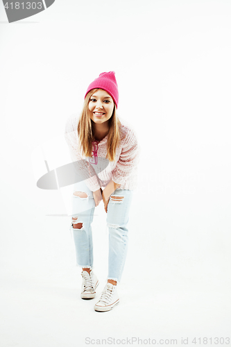 Image of young pretty stylish hipster girl posing emotional isolated on white background happy smiling cool smile, lifestyle people concept 